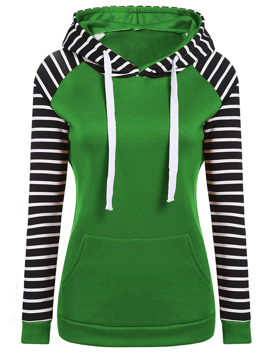 Spring Autumn Striped Fleece Hoodies Women Long Sleeve Pullover Streetwear Hooded Sweatshirt Green