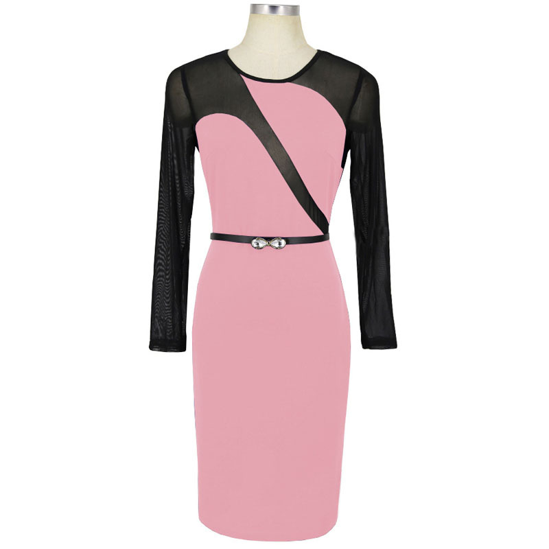 Sexy Mesh Patchwork Pencil Dress O Neck Long Sleeve Belted Bodycon Party Dress pink