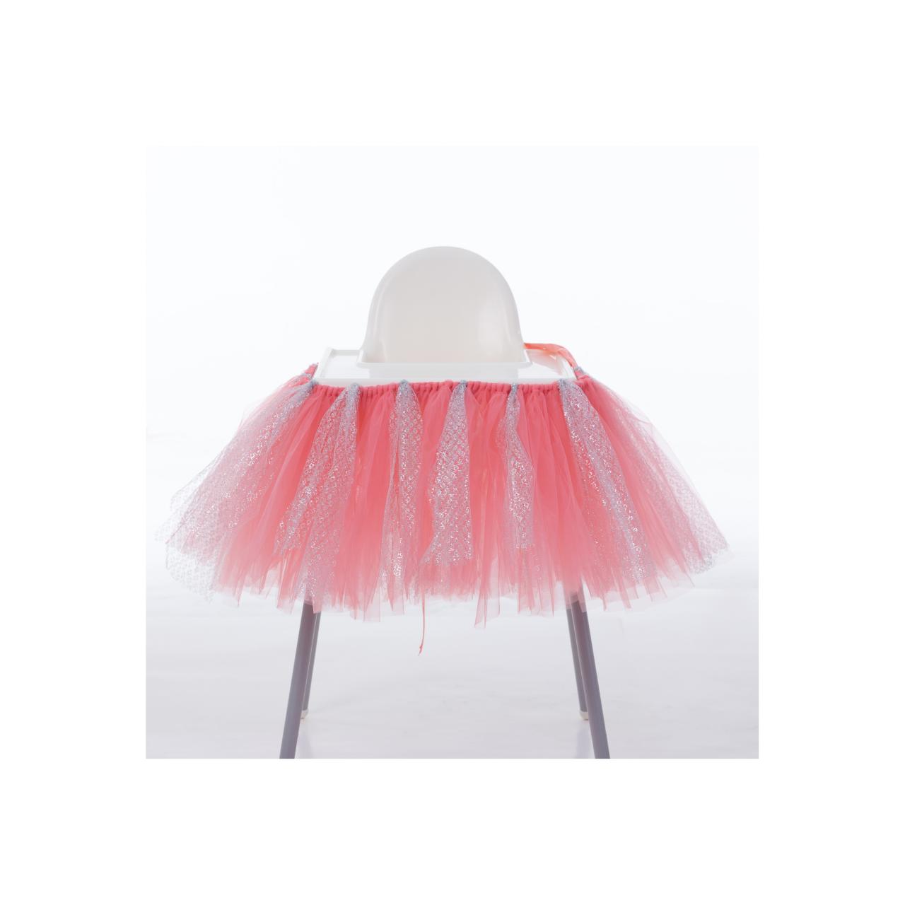 Tutu Tulle Table Skirts High Chair Decor Baby Shower Decorations for Boys Girls Party Set Birthday Party Supplies coral+silver