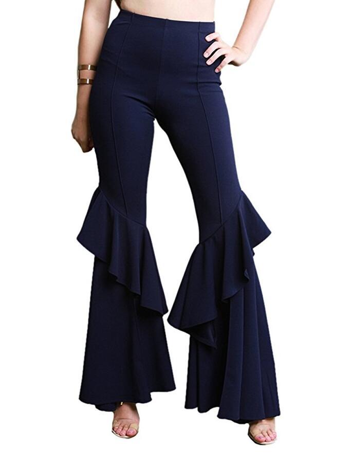 Fashion Women Flare Pants Stretch High Waist Solid Ruffles Wide Leg Long Trousers navy blue