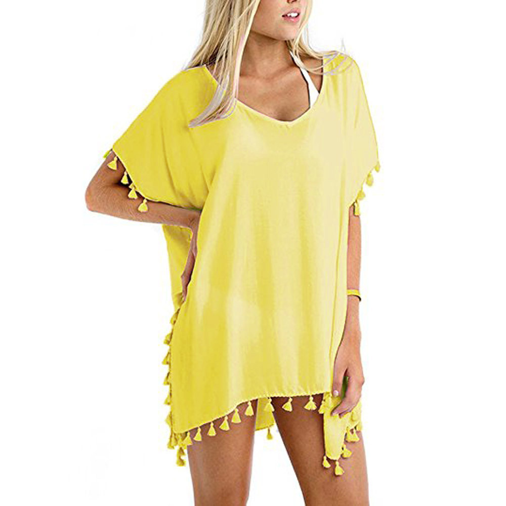 Women Tassels Bikini Cover Up Irregular See-through Tunic Swimwear Summer Beach Dress Yellow