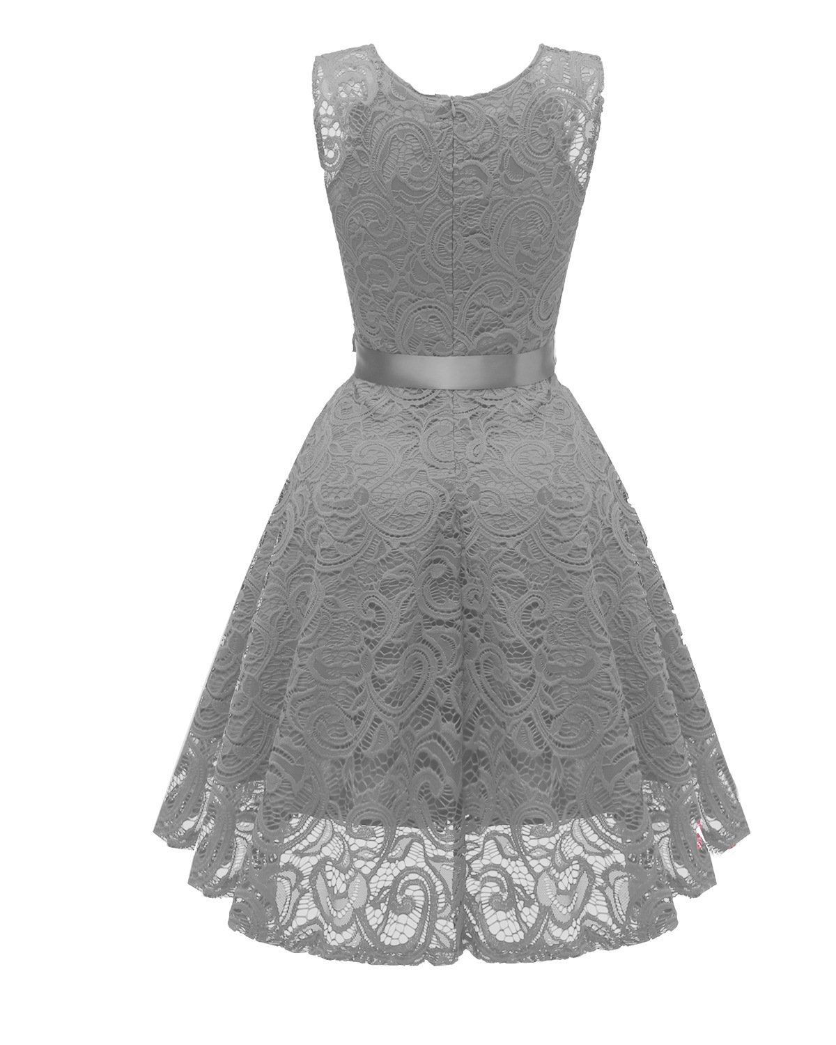 Vintage V Neck Belted Floral Lace Dress Sleeveless Tunic A Line Formal Prom Party Dress Gray on