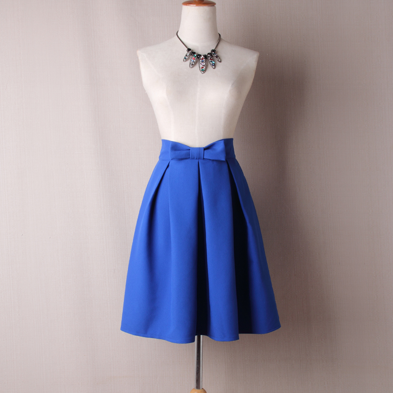 Cobalt Blue Bow Accent High-Waisted Ruffled Knee-Length Skater Skirt 