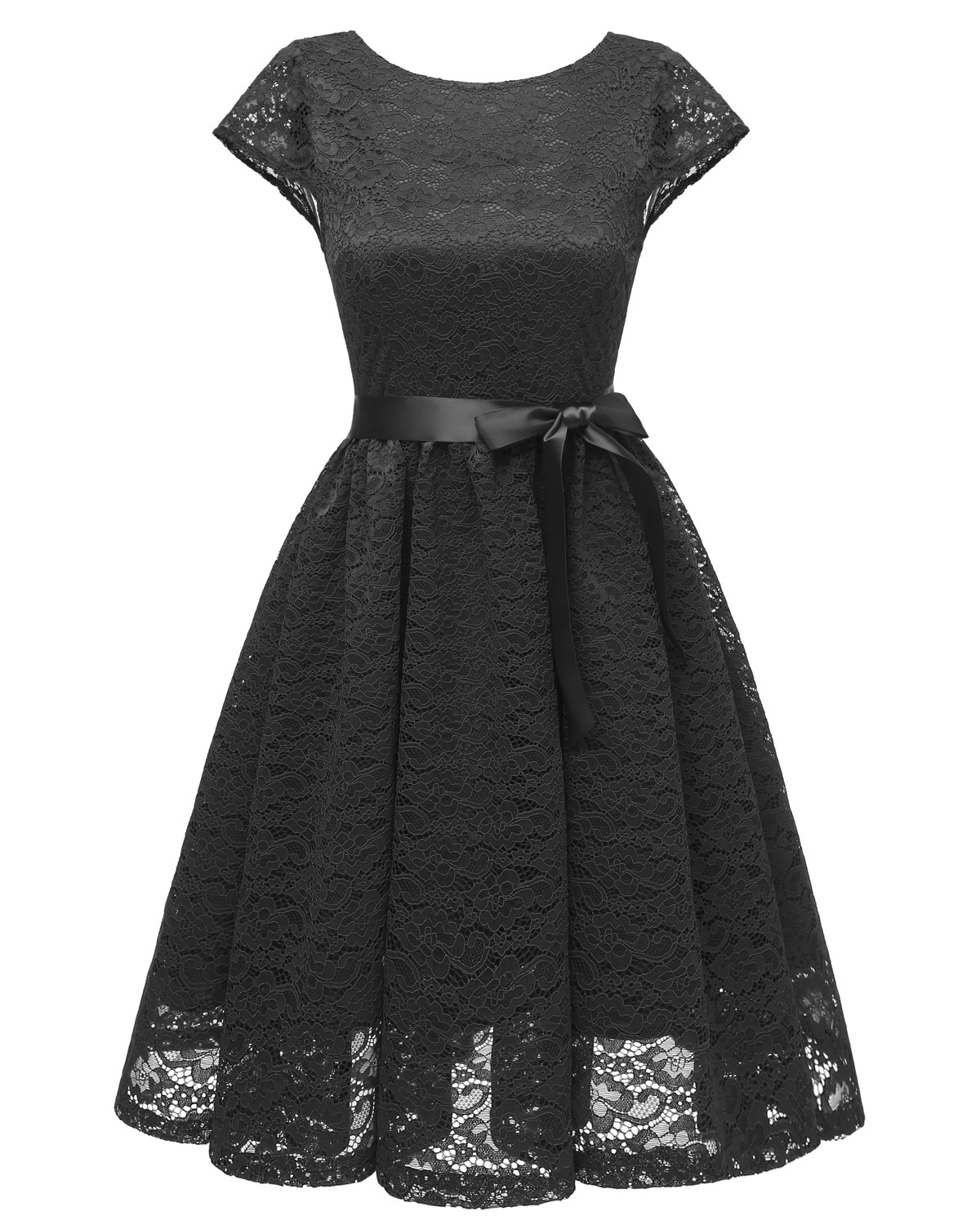 Women Floral Lace Dress O Neck Backless Cap Sleeve Belted A Line Cocktail Party Dress black