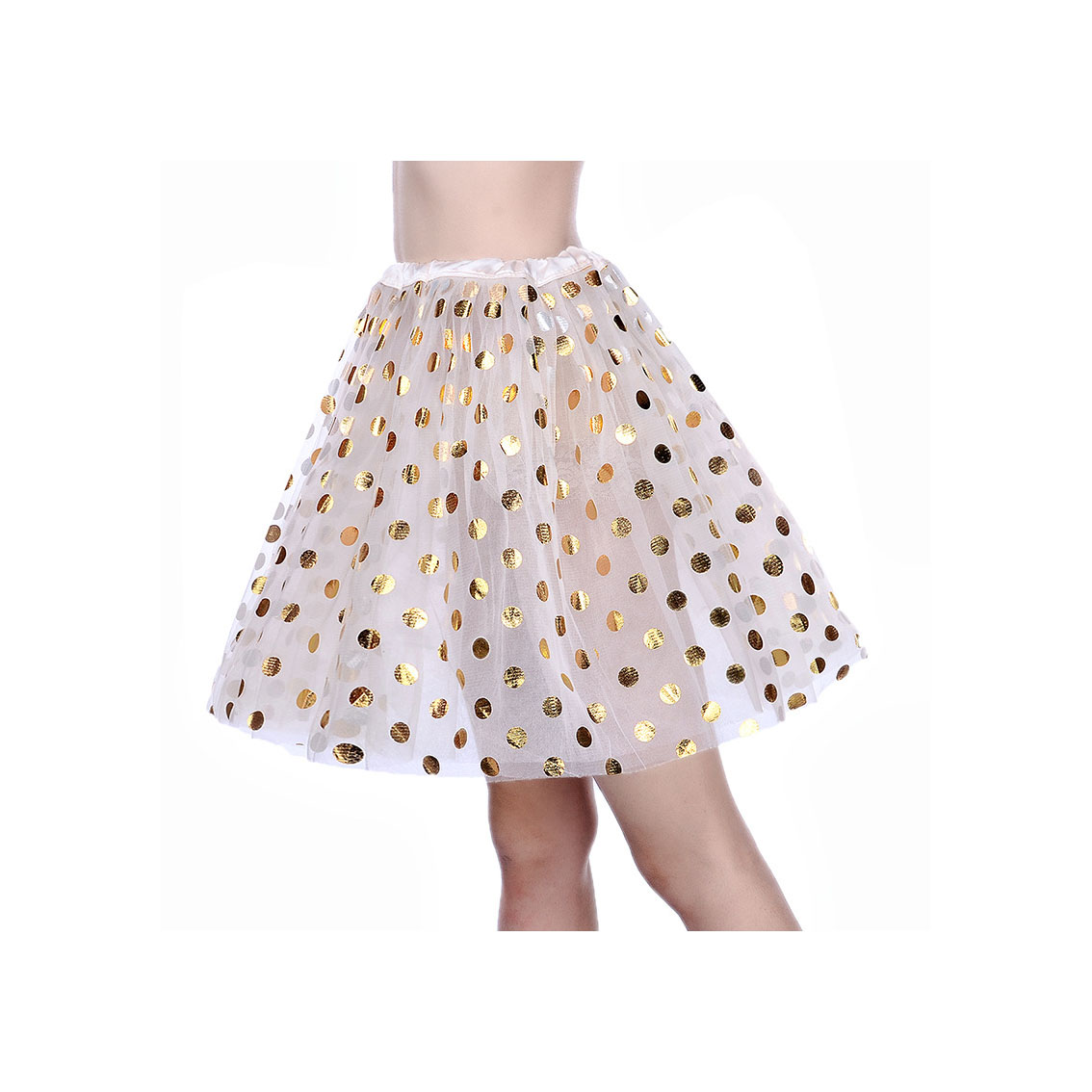 Adult Tutu Skirt Sequin Gilding Polka Dot 3 Layers Party Dance Ballet Pettiskirt Tulle Girl Mini Skirt off white+gold