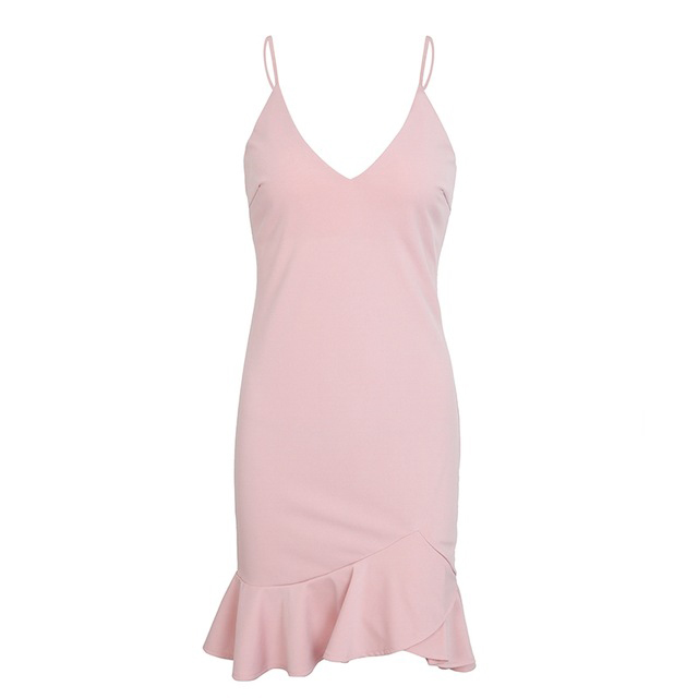 Sexy V Neck Mini Dress Spaghetti Strap Ruffle Mermaid Women Summer Bodycon Club Party Dress pink