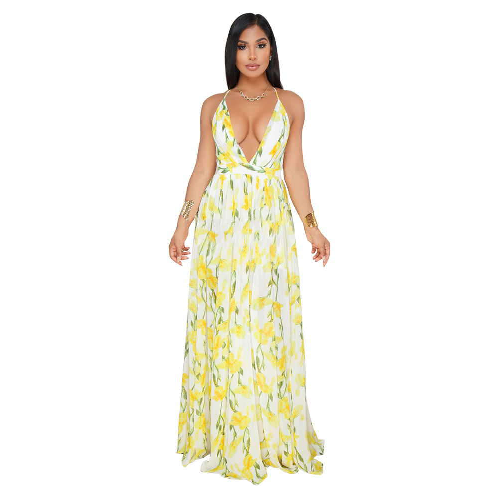 Sexy Deep V Backless Beach Maxi Dress Women Summer Chiffon Tunic Holiday Floral Print Long Dress2#