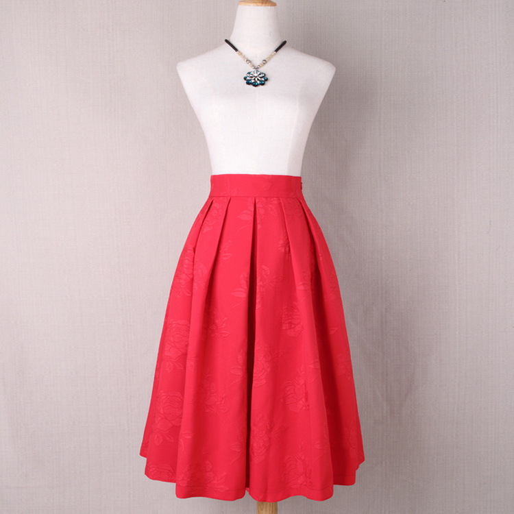 Women Floral Print A Line Skirt High Waist Tutu Pleated Zipper Pocket Midi Skater Skirt red