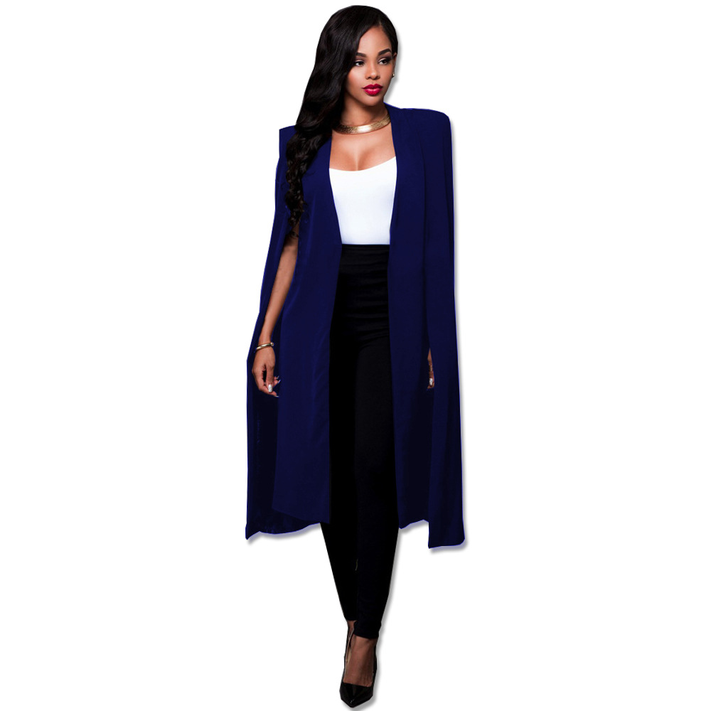  Women Long Cloak Blazer Coat Cape Cardigan Jacket Slim Office Simple OL Suit Coat Outwear royal blue 