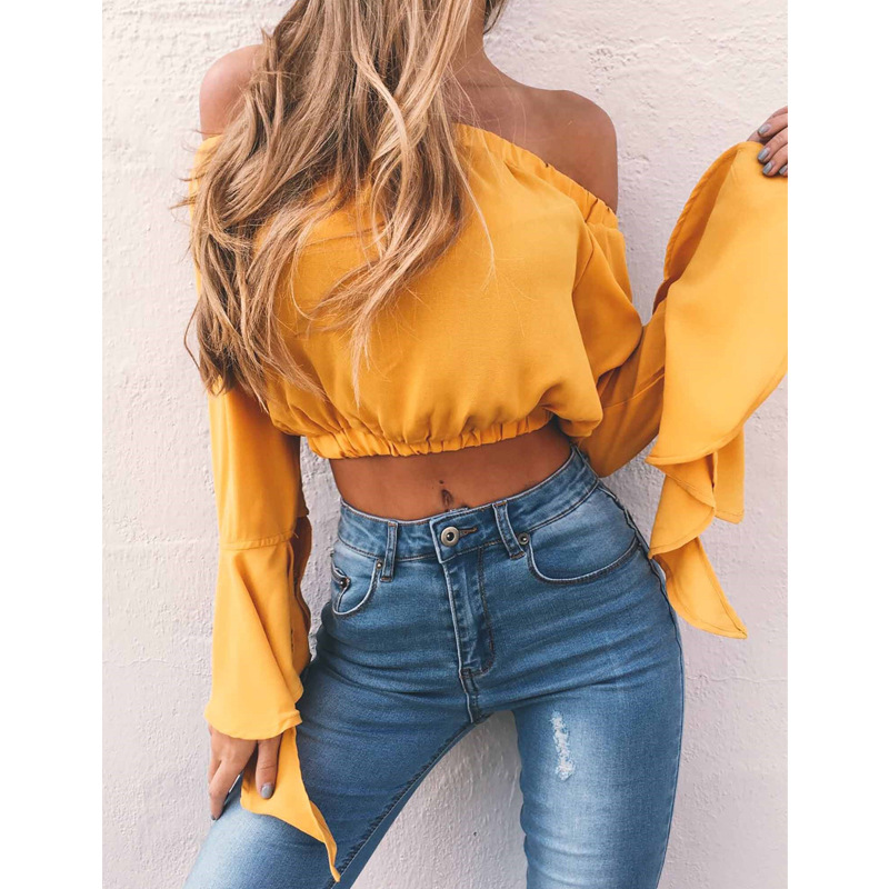 yellow long sleeve off the shoulder top