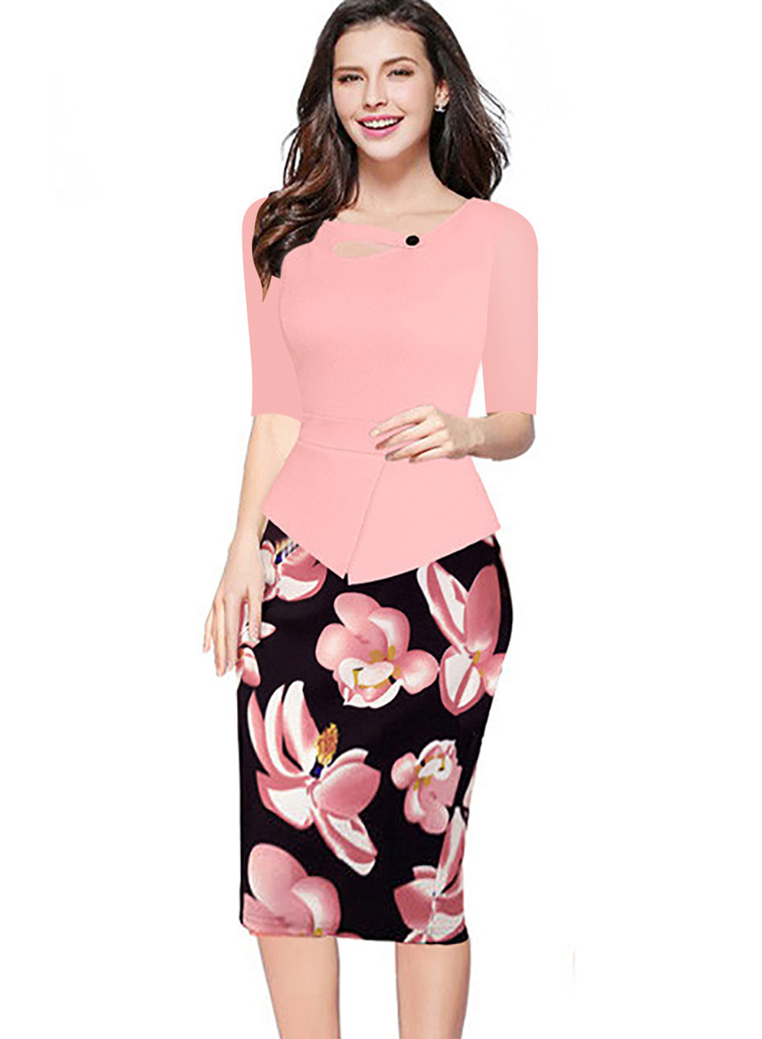 Women Floral Print Patchwork Pencil Dress Half/Long Sleeve Plus Size Slim Work OL Office Bodycon Party Dress 14#