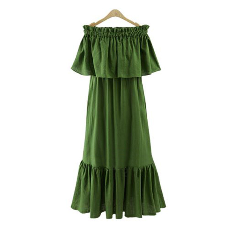 Green Ruffled Off-The-Shoulder Shift Maxi Dress, Summer Beach Dress