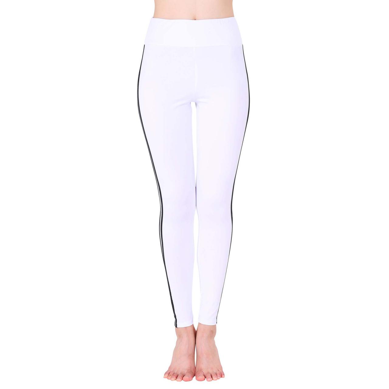 Women Yoga Striped Patchwork Leggings Slim High Waist Sports Fitness Gym Running Pants off white