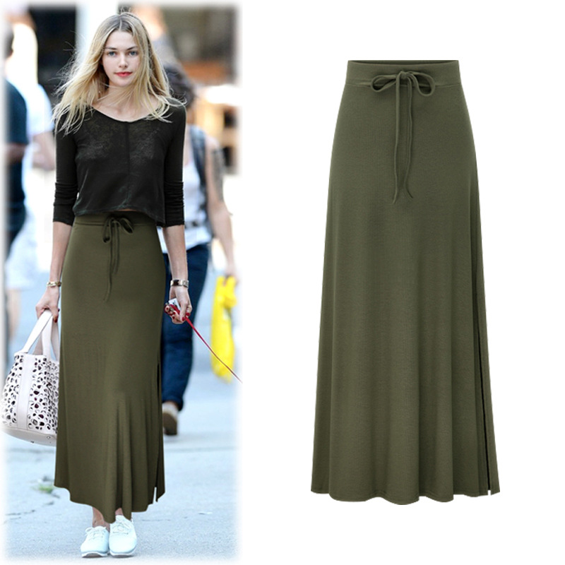 Plus Size Women Maxi Skirt Drawstring High Waist Side-Split Slim