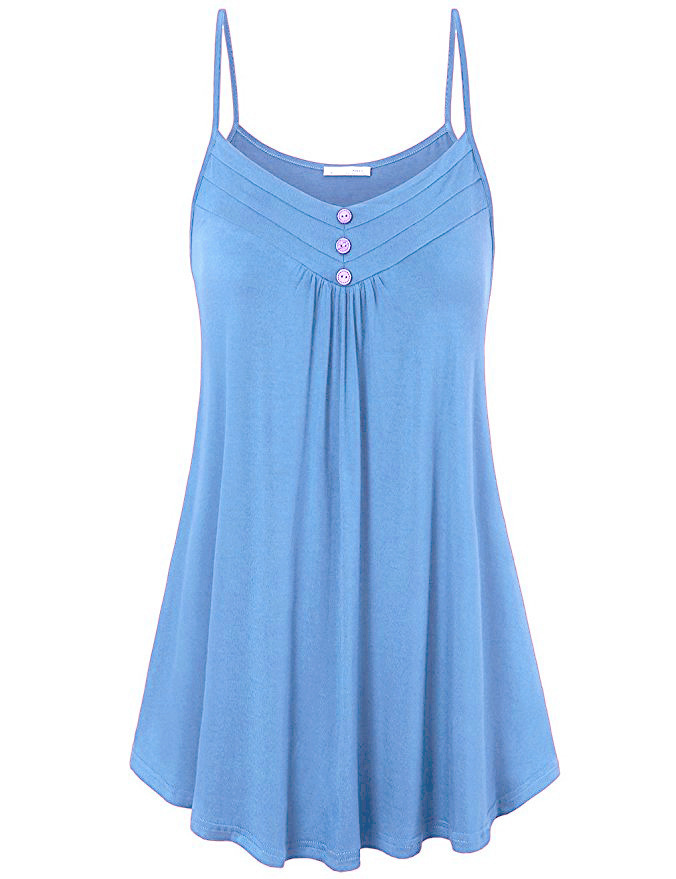 Plus Size Women Tank Tops Summer Casual Spaghetti Strap Button Vest Sleeveless T Shirt Sky Blue