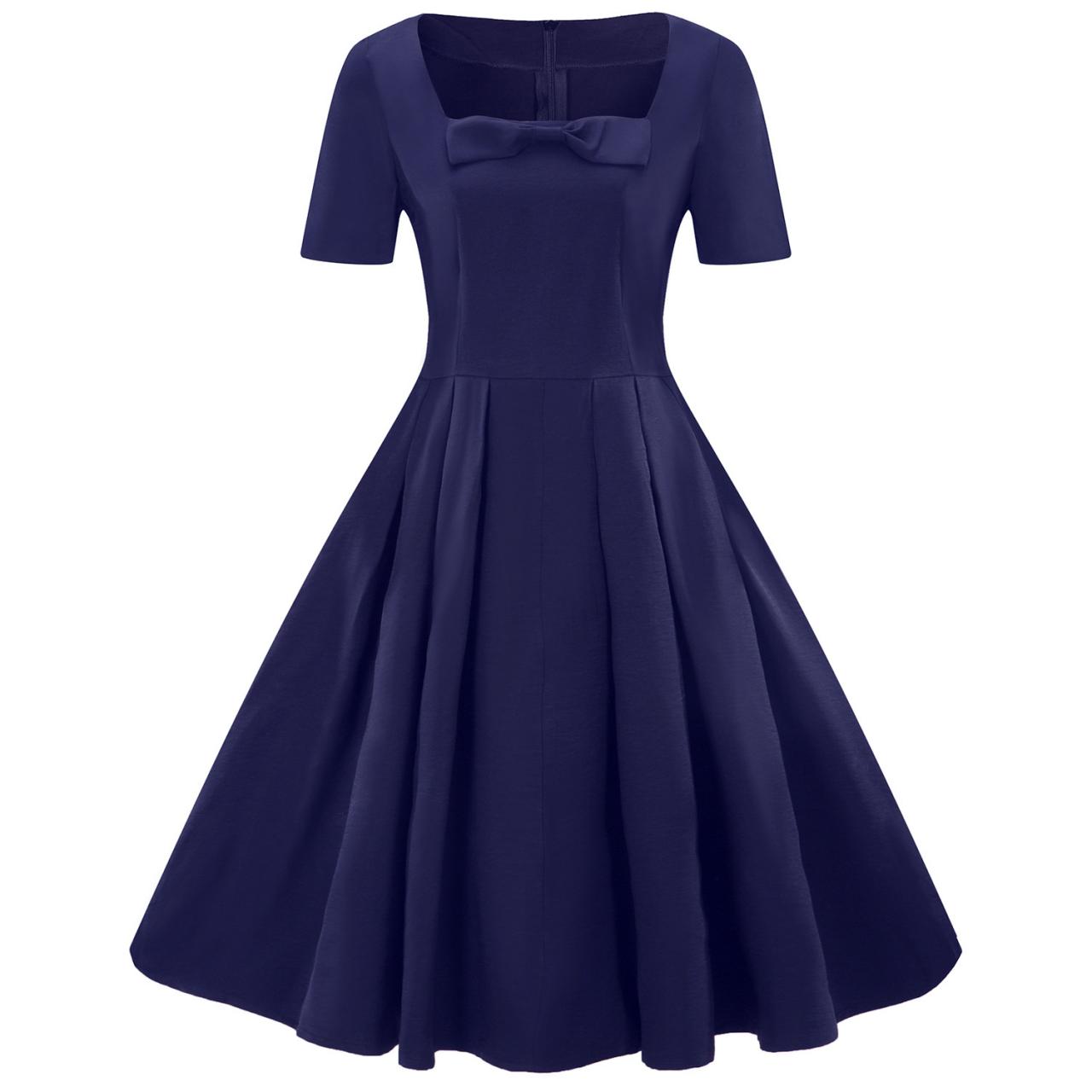 Plus Size Vintage Dress Short Sleeve Bow Square Neck Women A Line Work Party Dress navy blue