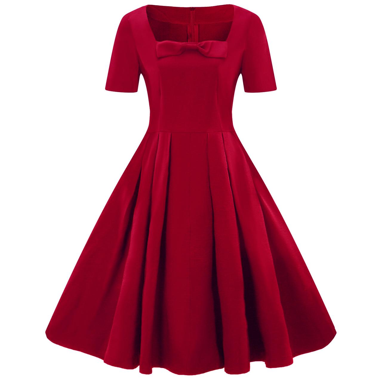 Plus Size Vintage Dress Short Sleeve Bow Square Neck Women A Line Work Party Dress red