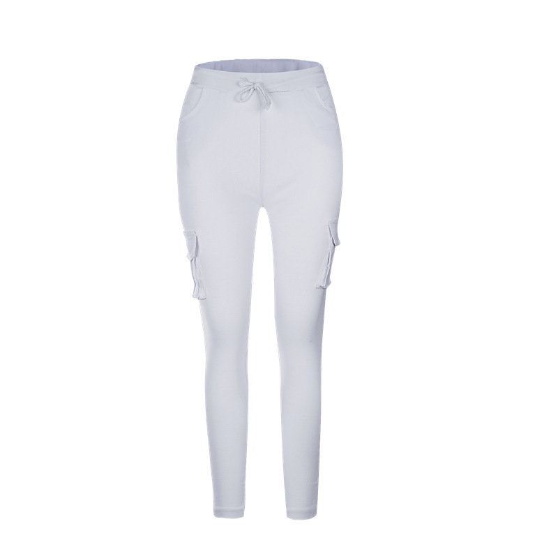 Women Pencil Pants Drawstring High Waist Pockest Skinny Slim Casual Long Trousers off white