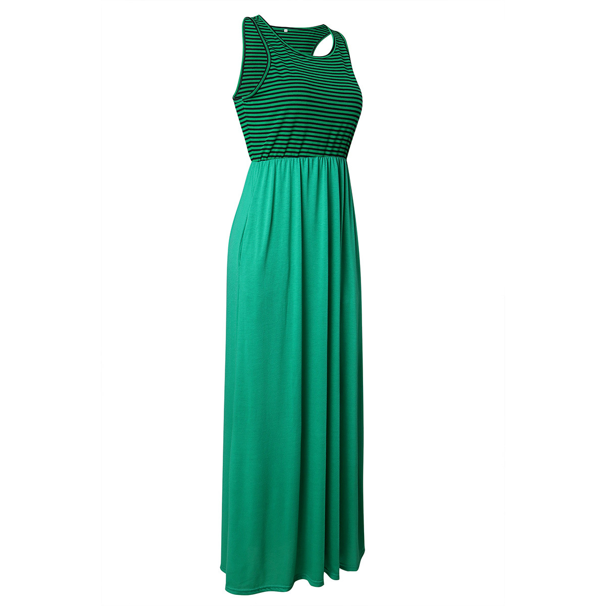 Women Boho Maxi Dress Sleeveless Summer Beach Striped Patchwok Long Sundress green