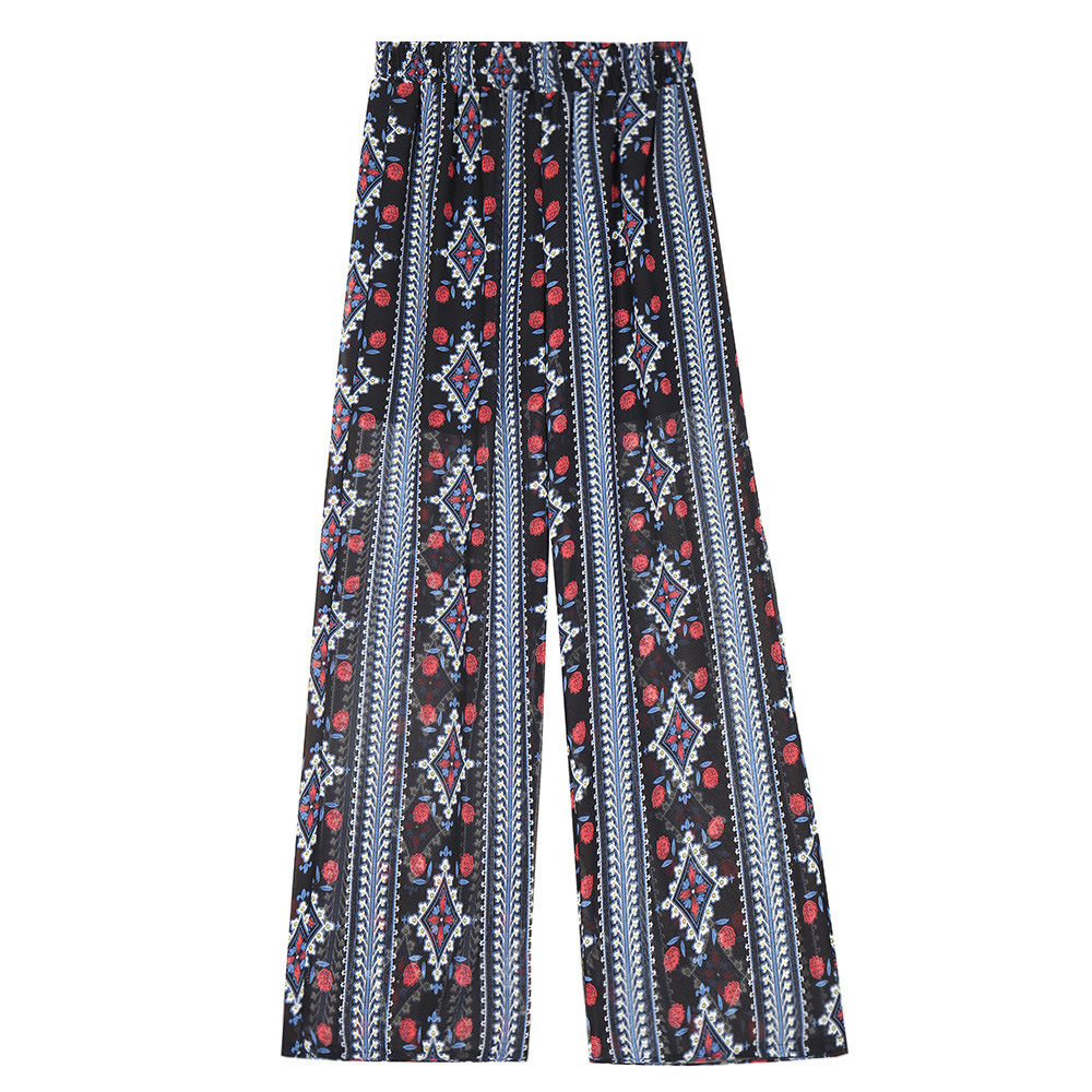 Women Chiffon Loose Casual Pants High Waist Summer Side Split Floral Printed Wide Leg Trousers 2#