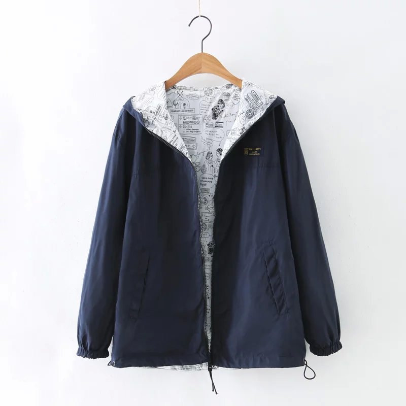 Women Bomber Basic Jacket Spring Fall Pocket Zipper Hooded Two Side Wear Cartoon Print Outwear Loose Coat Navy Blue