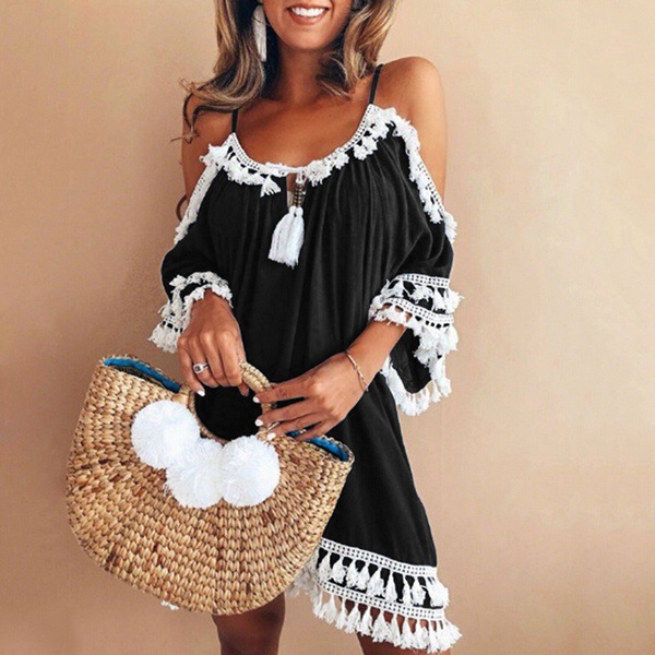 Boho Dress Spaghetti Strap 3/4 Sleeve Plus Size Summer Beach Loose Casual Tassel Women Mini Dress black