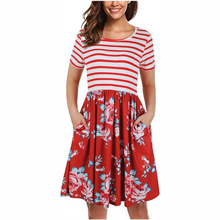 Women Floral Printed Casual Dress Short Sleeve Striped Patchwork Pocket Summer Beach Boho Dress Red