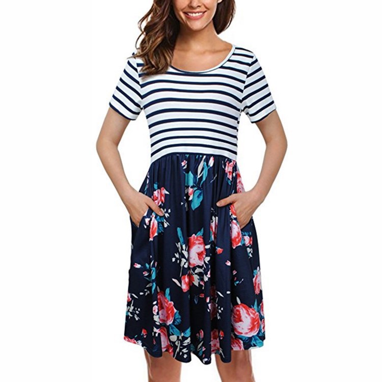 Women Floral Printed Casual Dress Short Sleeve Striped Patchwork Pocket Summer Beach Boho Dress navy blue