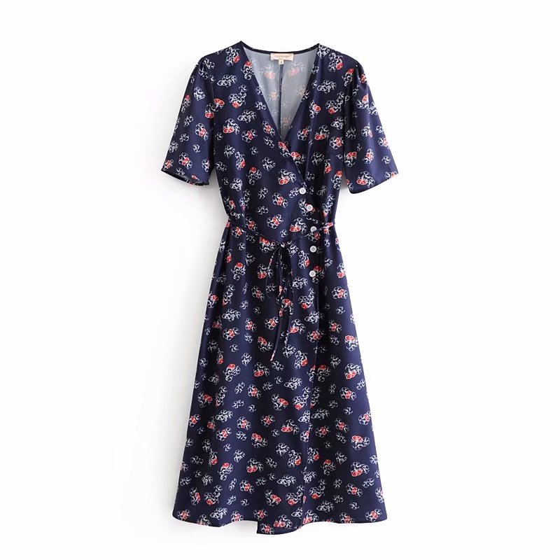 navy print wrap dress