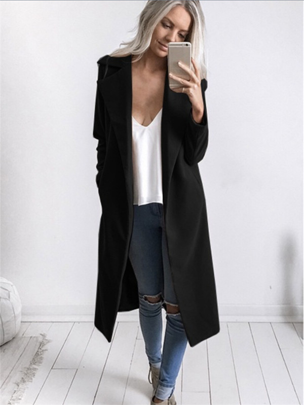 Autumn Winter Women Woolen Long Coat Long Sleeve Pockets Slim Casual Jackets Overcoat Black