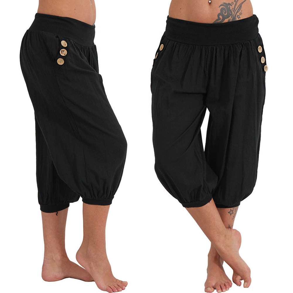 Women Aladdin Harem Pants Elastic Waist Plus Size Calf-Length Sportwear Workout Summer Casual Loose Capri Trousers black