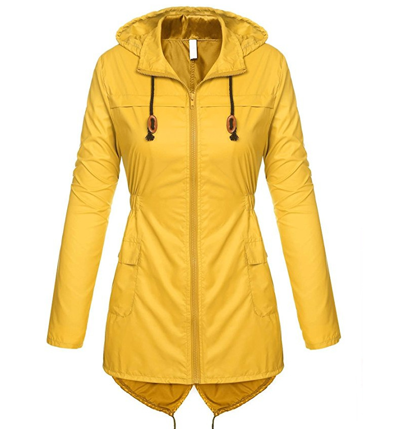 Women Raincoat Spring Autumn Hooded Long Sleeve Slim Fit Casual Waterproof Coat Jacket yellow