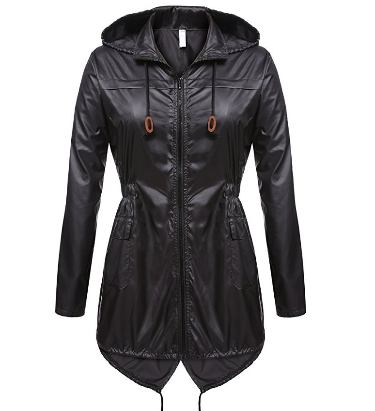 Women Raincoat Spring Autumn Hooded Long Sleeve Slim Fit Casual Waterproof Coat Jacket black