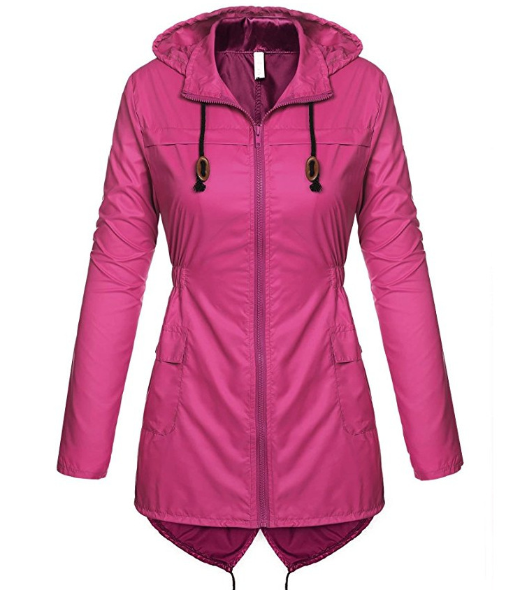 Women Raincoat Spring Autumn Hooded Long Sleeve Slim Fit Casual Waterproof Coat Jacket hot pink 