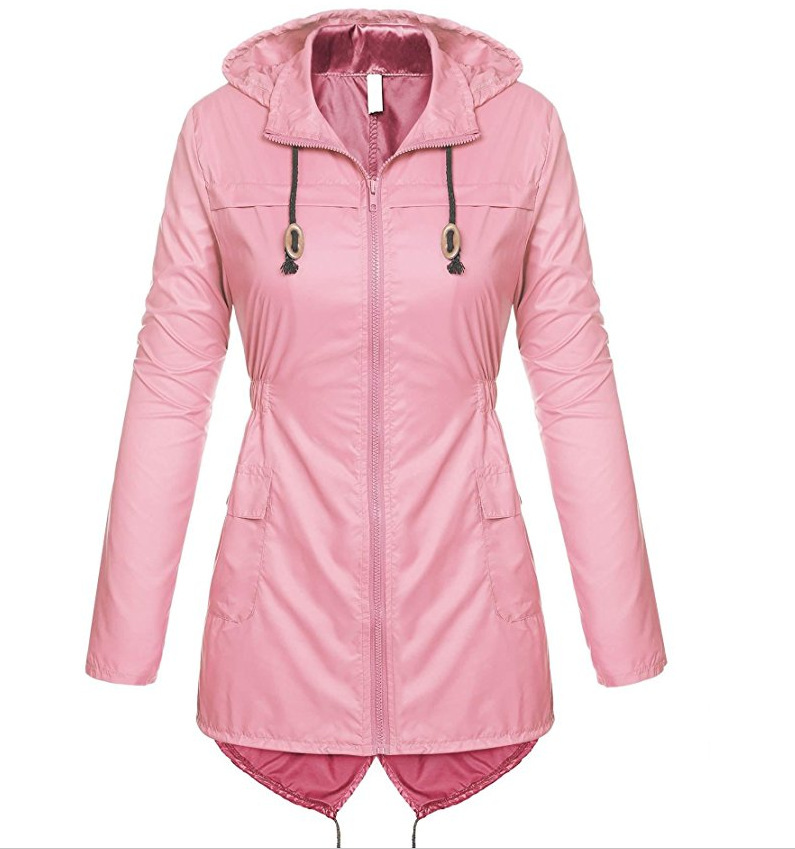 Women Raincoat Spring Autumn Hooded Long Sleeve Slim Fit Casual Waterproof Coat Jacket pink