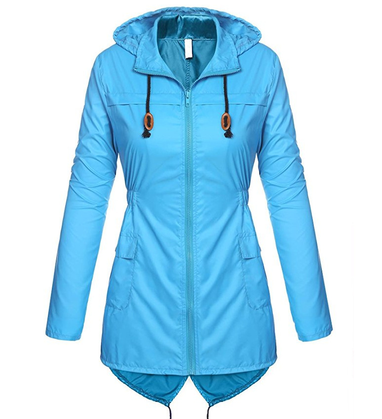 Women Raincoat Spring Autumn Hooded Long Sleeve Slim Fit Casual Waterproof Coat Jacket sky blue
