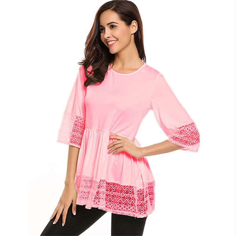 Plus Size Women Tops Shirt Lace 3/4 Sleeve Tunic Casual Loose Blouses pink
