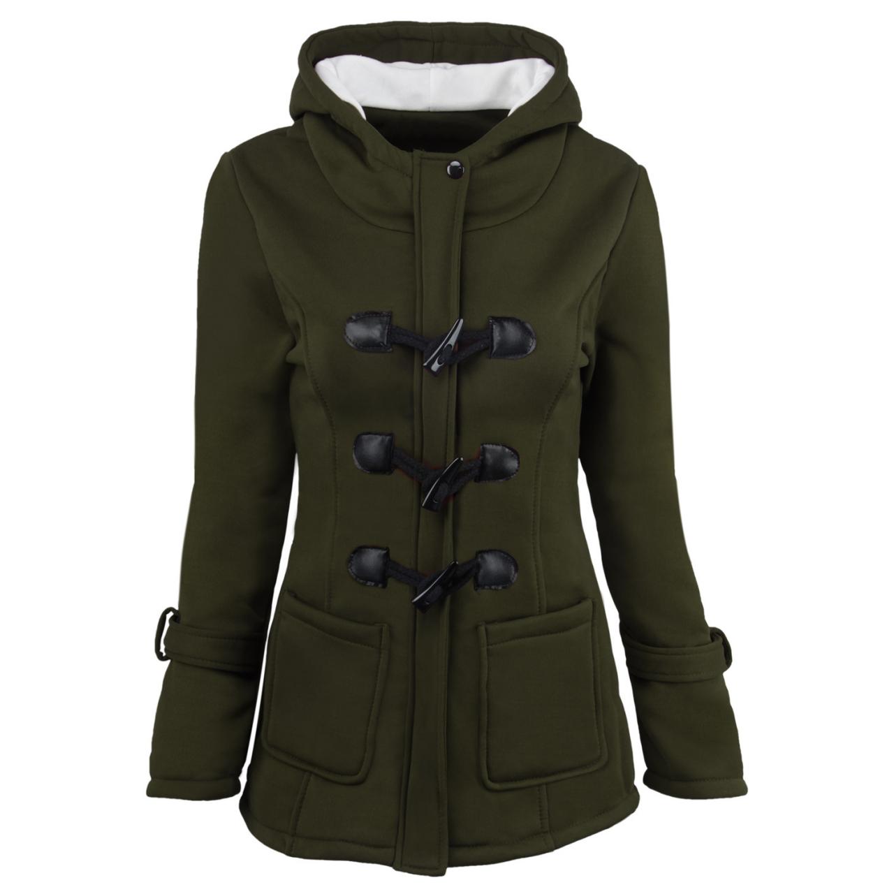 Women Parka Jacket Hooded Solid Warm Horns Buckle Winter Long Sleeve Slim Wadded Long Casual Coat Army Green