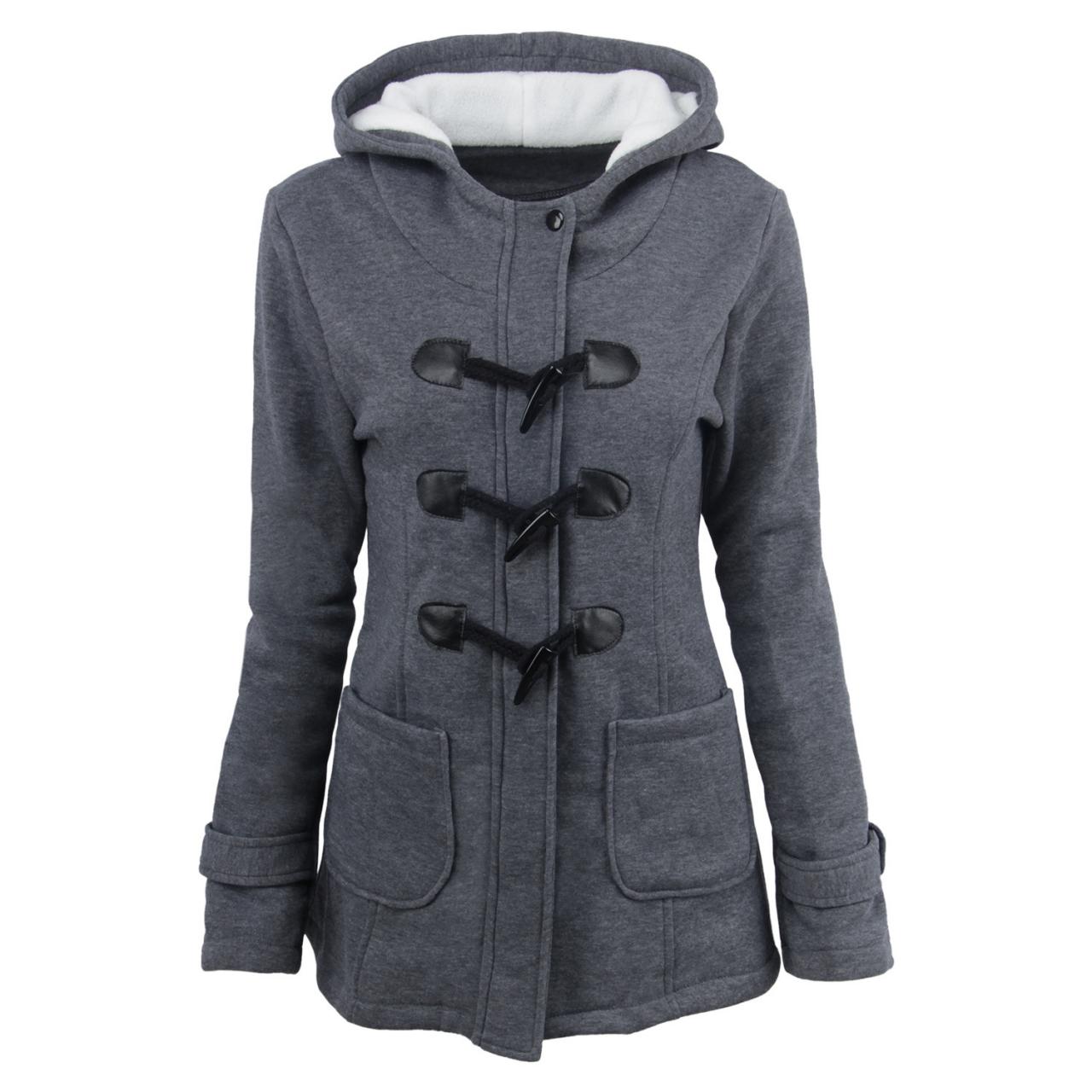 Women Parka Jacket Hooded Solid Warm Horns Buckle Winter Long Sleeve Slim Wadded Long Casual Coat Dark Gray