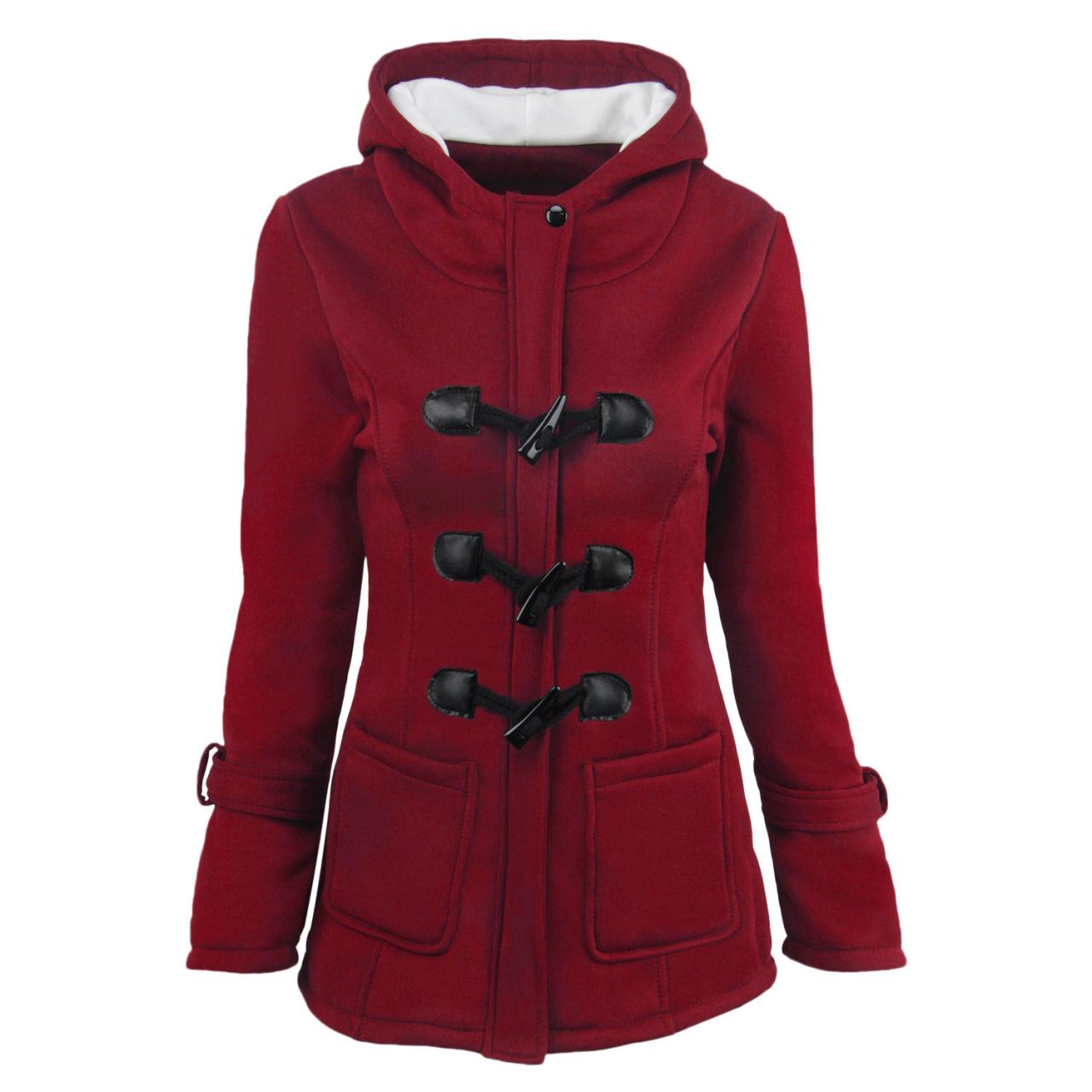 Women Parka Jacket Hooded Solid Warm Horns Buckle Winter Long Sleeve Slim Wadded Long Casual Coat Crimson