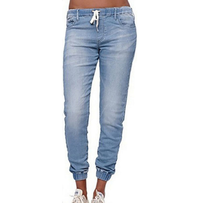 Women Denim Pants Drawstring Waist Plus Size Slim Casual Jogger Sexy Skinny Pencil Jeans Trousers light blue