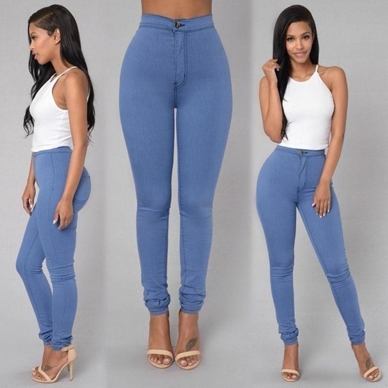 Women Pencil Pants Candy High Waist Casual Slim Female Stretch Skinny Trousers light blue