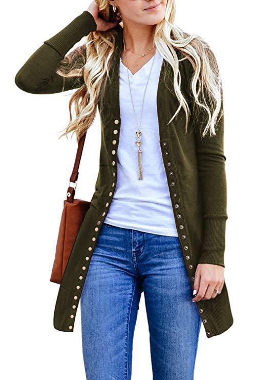 Women Knitted Cardigan V Neck Button Long Sleeve Autumn Casual Slim Sweater Coat army green