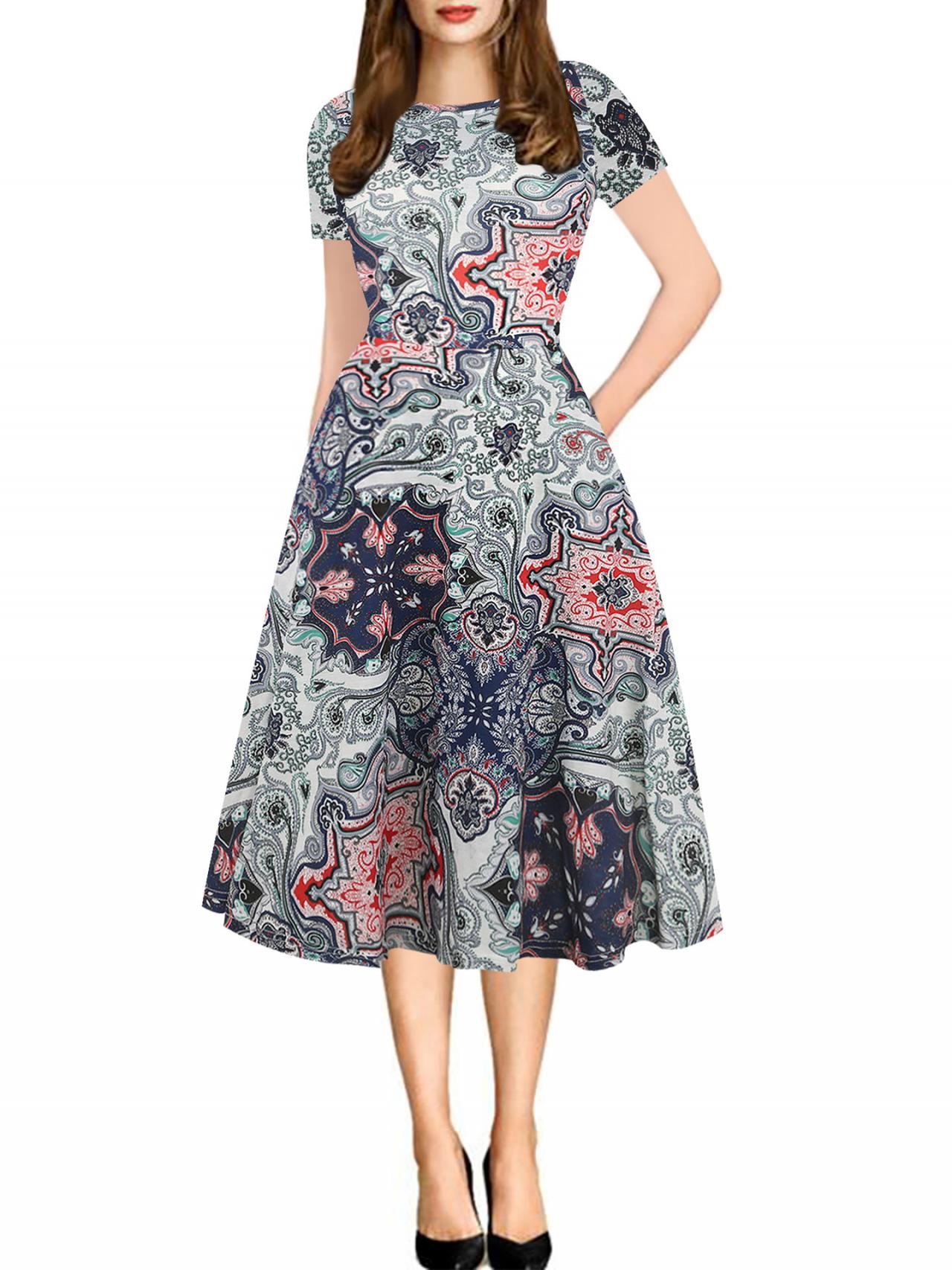 Women Floral Printed Slim Dress Vintage Short Sleeve Knee Length A Line Rockabilly Casual Party Dres On Luulla