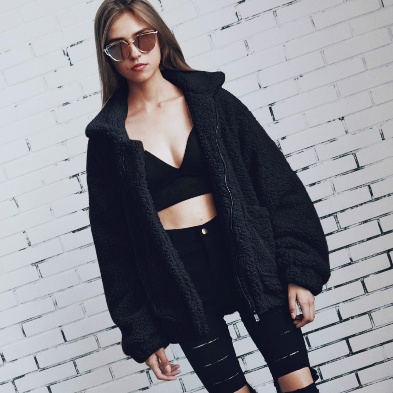  Women Faux Fur Coat Winter Turn-down Collar Thick Warm Casual Long Sleeve Plush Jacket Outwears black