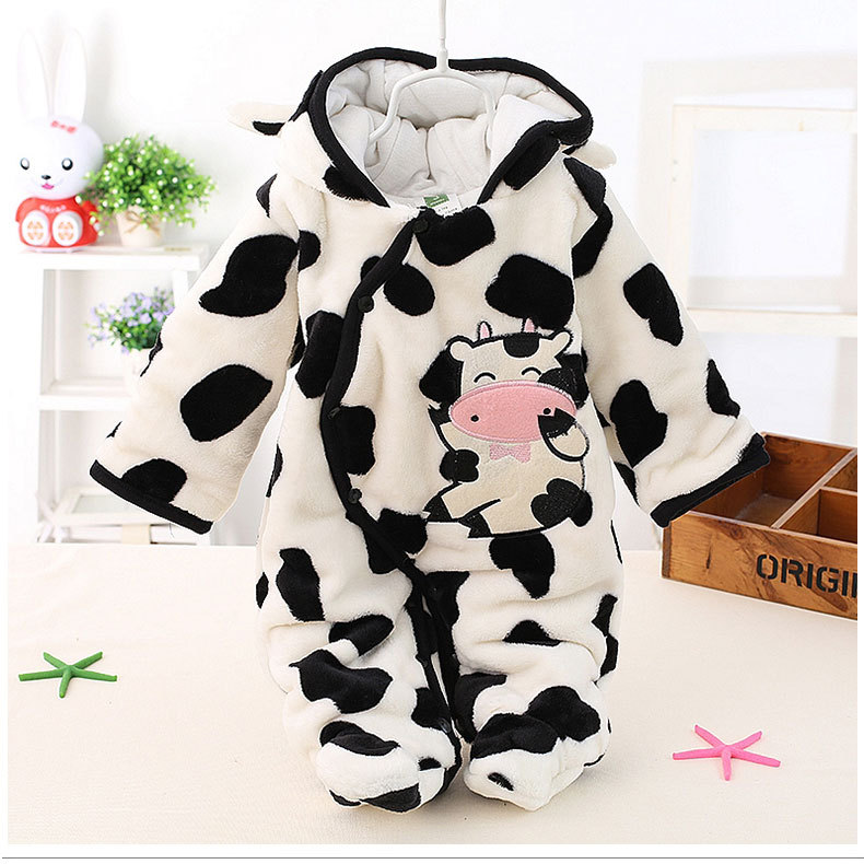 Infant Kids Baby Boys Girls Flannel Jumpsuit Autumn Winter Cute Warm Hooded Long Sleeve Cartoon Romper Outfits off white