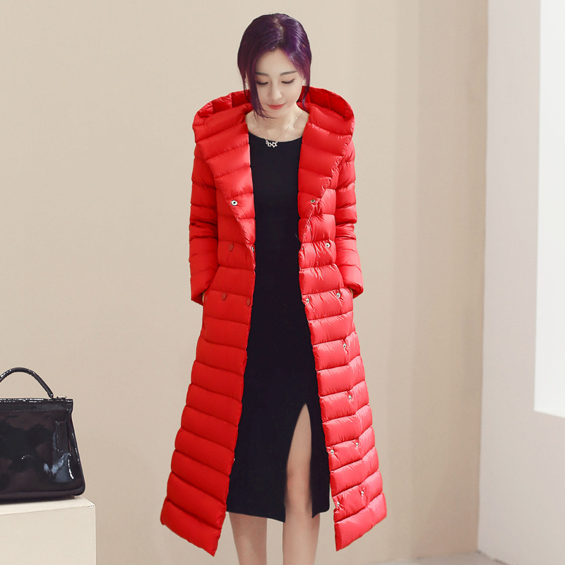 Women Long Duck Down Coat Hooded Long Sleeve Plus Size Slim Winter Ultra Light Jacket Outwear Red