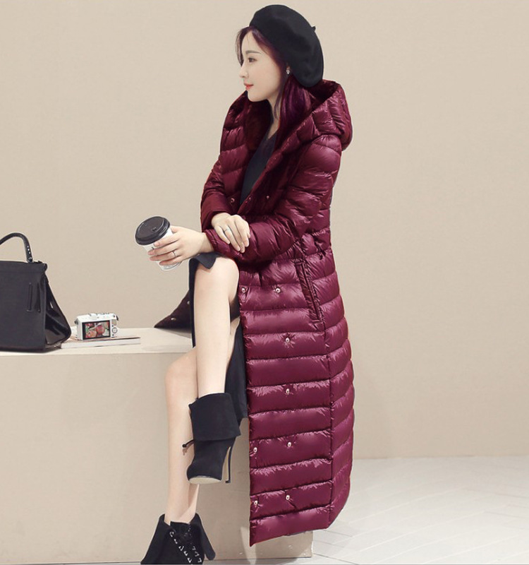 Women Long Duck Down Coat Hooded Long Sleeve Plus Size Slim Winter Ultra Light Jacket Outwear burgundy