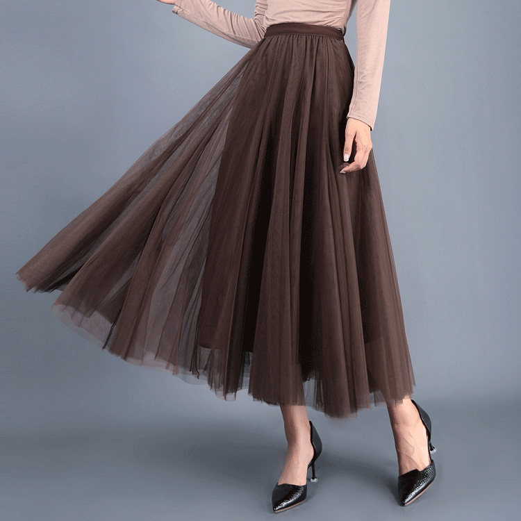 Women Long Tulle Mesh Skirt Elastic High Waist Streetwear Pleated Tutu A Line Maxi Skirt coffee