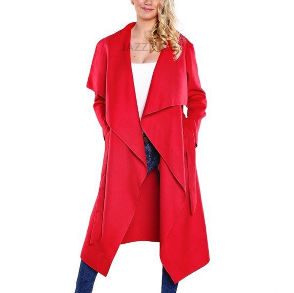 Women Wool Blend Trench Coat Autumn Winter Lapel Casual Long Sleeve Loose Cardigan Jacket Outerwear red